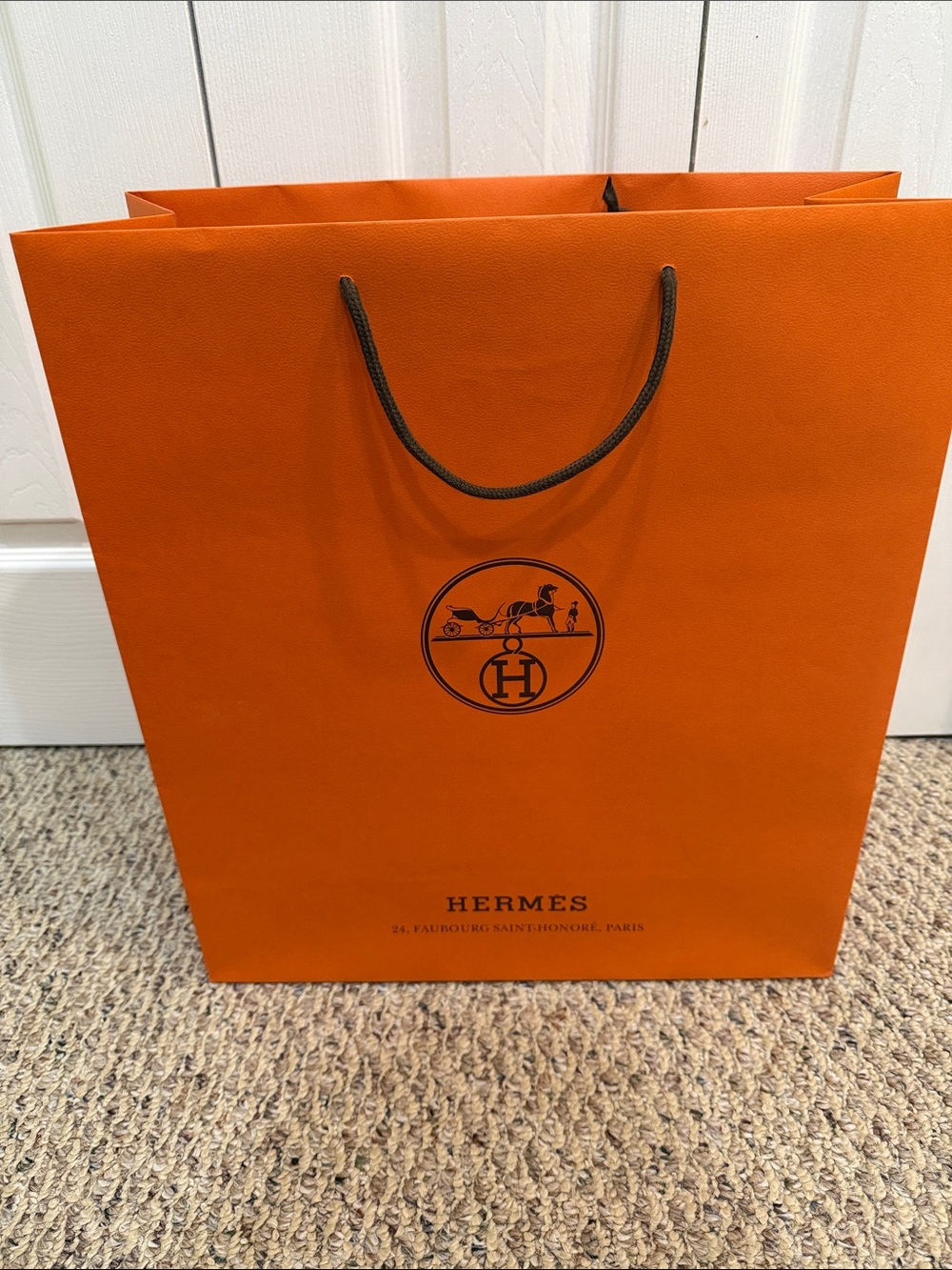 Hermes Orange Logo Paper Shopping Bag with Brown Rope Handles